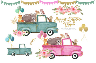 Woodland clipart&2C; Pink truck clipart&2C; Green truck clipart