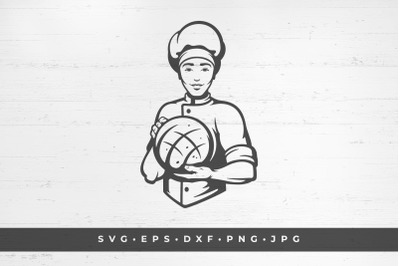 Young male baker holding round bread in his hands. vector illustration