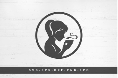 Silhouette of a girl drinking coffee.  Icon isolated on white backgrou