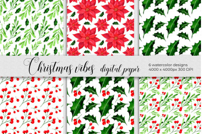 Christmas digital papers. Winter seamless pattern with floral motifs.