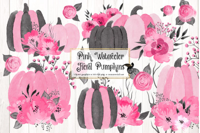 Pink Watercolor Floral Pumpkins Clipart