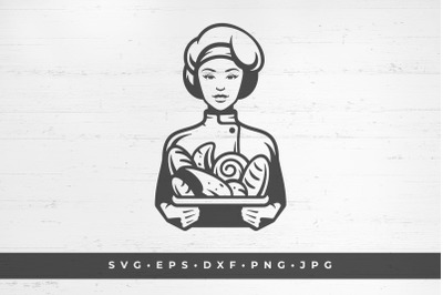 Young girl baker holding a tray of bread.  vector illustration. SVG, P