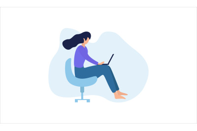 Flat Illustration Sitting and Holding a Laptop