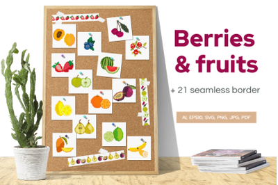 Fruits and berries in Pixel style or cross stitch.