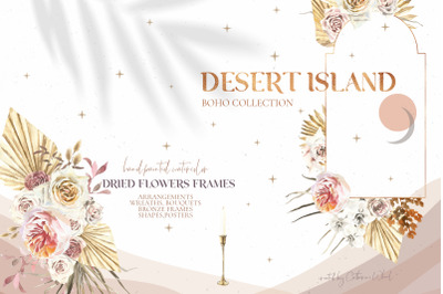 Desert Island. Watercolor Dried Flower Illustration Clipart, Boho diy