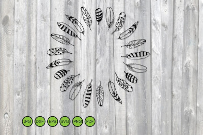 Feathers wreath SVG. Hand drawn frame. Boho Circle border