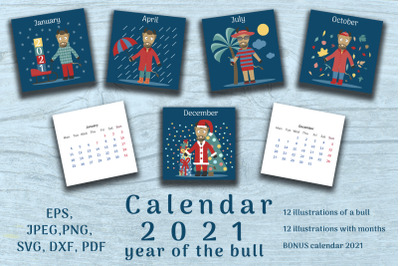Bull set. Calendar 2021 year. 24 cards plus bonus calendar.