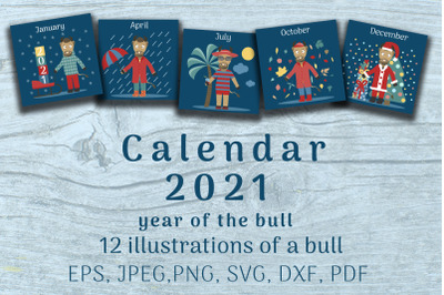 Bull set. Calendar 2021 year. 12 cards with illustrations
