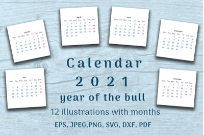 Bull set. Calendar 2021 year. 12 templates with month.