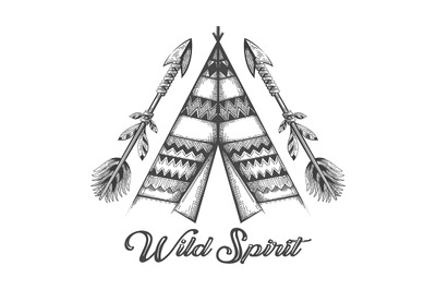 Hand Drawn Wigwam and Indian Arrows with lettering Wild Spirit Tattoo