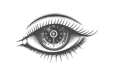 Clock face Inside Human Eye Hand Drawn Illustration