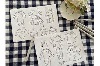 DIY Paper doll template of a cute girl and vintage outfits