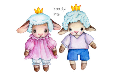 Two cute Sheeps. Watercolor illustration.