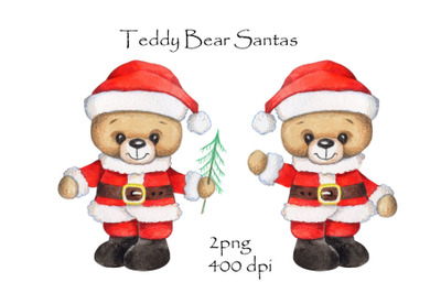 Teddy Bear Santas. Watercolor.