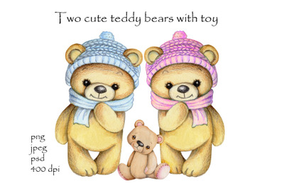 Two cute teddy bears with toy bear.