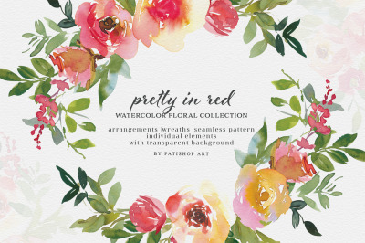 Red and Lemon Watercolor Floral Clipart