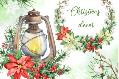 Christmas decor watercolor clipart. Lantern with a candle, poinsettia