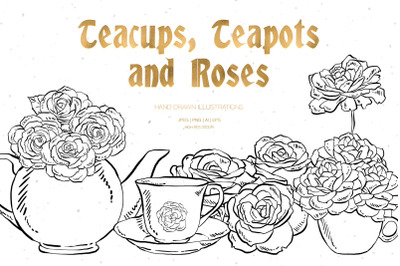 Tea cups, Teapots and Roses Illustrations