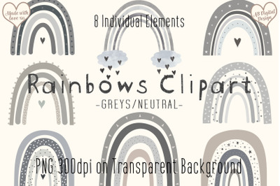 Grey Neutral Rainbow Clipart, Boho Rainbow, Cute Baby Nursery Clipart