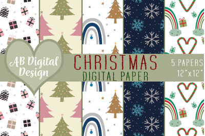 Christmas Digital Paper Background, Christmas Rainbows, Trees, Cute