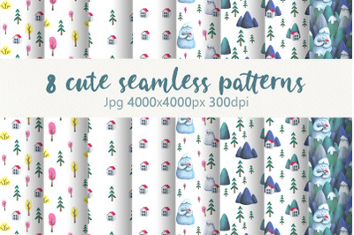 Collection of autumn seamless patterns with watercolor illustration.