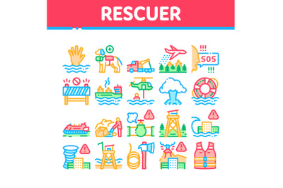 Rescuer Equipment Collection Icons Set Vector Illustrations