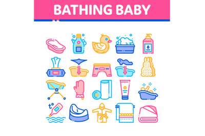 Bathing Baby Tool Collection Icons Set Vector