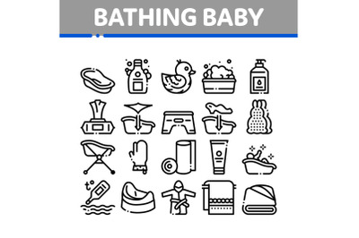 Bathing Baby Tool Collection Icons Set Vector