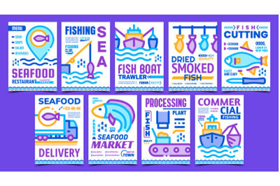 Fishing Industry Advertising Posters Set Vector