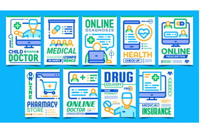 Online Doctor Aid Advertising Posters Set Vector