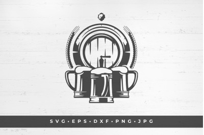 Three beer mugs and a keg  isolated on white background vector illustr