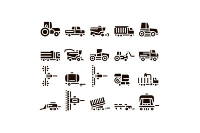 Agricultural Vehicles Glyph Icons Set Vector