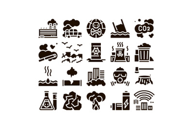 Pollution of Nature Glyph Icons Set Vector