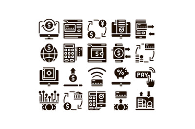 Online Transactions Glyph Icons Set Vector