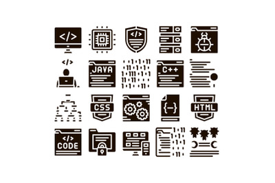 Coding System Glyph Icons Set Vector