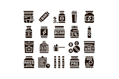 Sport Nutrition Cells Glyph Icons Set Vector