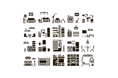 Home Rooms Furniture Glyph Set Vector