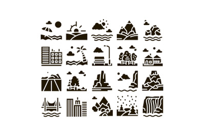 Landscape Travel Place Glyph Set Vector