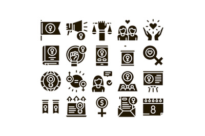 Feminism Woman Power Glyph Set Vector