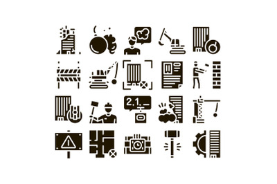 Demolition Building Glyph Set Vector