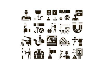 Plumber Profession Glyph Set Vector