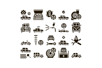 Car Restoration Repair Glyph Set Vector