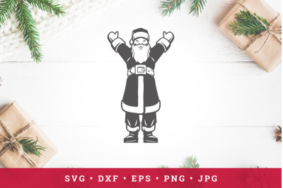 Santa Claus standing with greeting gesture. Vector illustration. Cut f