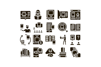 Reading Library Book Glyph Set Vector