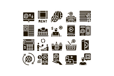 Renting Movies Service Glyph Set Vector