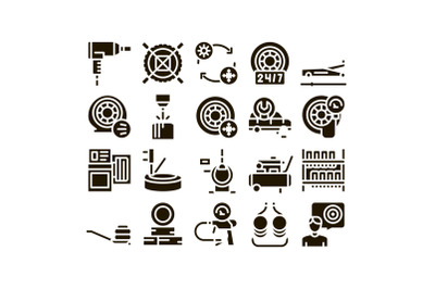 Tire Fitting Service Glyph Set Vector