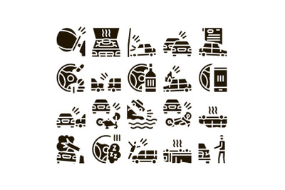 Car Crash Accident Glyph Set Vector