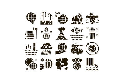 Climate Change Ecology Glyph Set Vector