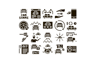 Car Sharing Business Glyph Set Vector