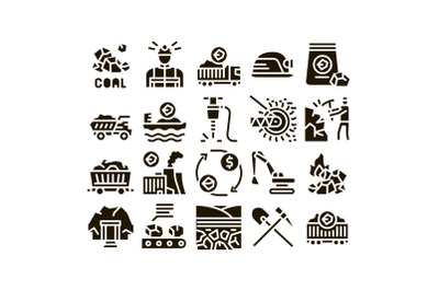 Coal Mining Equipment Glyph Set Vector